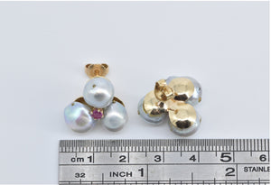 14K Vintage Pearl Ruby Cluster Statement Stud Earrings Yellow Gold