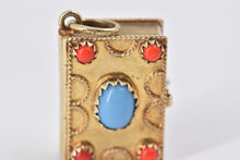 Load image into Gallery viewer, 14K Etruscan Revival Turquoise Coral Book Locket Charm/Pendant Yellow Gold