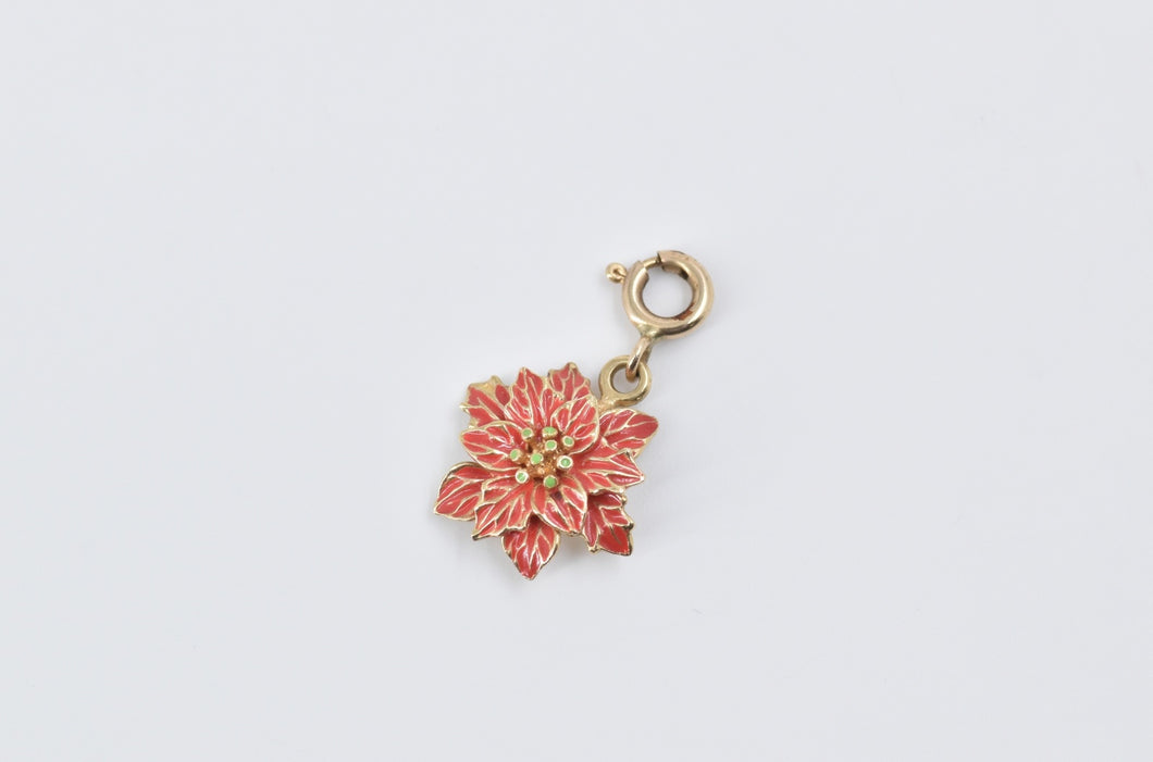 14K Enamel Poinsettia Flower Christmas Winter Charm/Pendant Yellow Gold