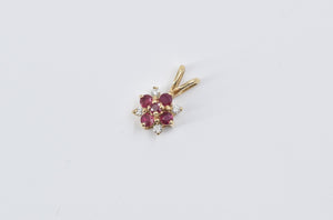 14K Ruby Diamond Flower Cluster Vintage Pendant Yellow Gold