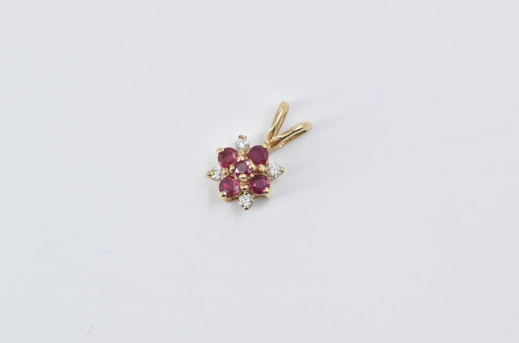 14K Ruby Diamond Flower Cluster Vintage Pendant Yellow Gold