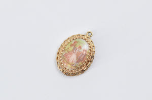 14K Ornate Victorian Scene Ceramic Photo Locket Charm/Pendant Yellow Gold