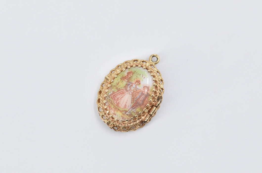 14K Ornate Victorian Scene Ceramic Photo Locket Charm/Pendant Yellow Gold