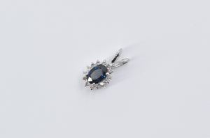 14K Oval Natural Sapphire Diamond Halo Classic Pendant White Gold