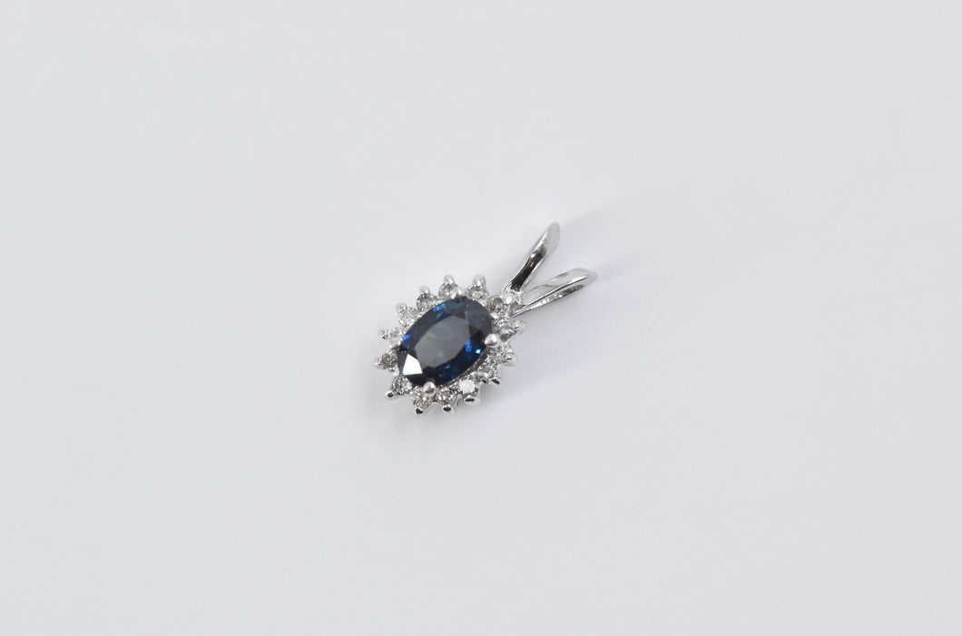 14K Oval Natural Sapphire Diamond Halo Classic Pendant White Gold