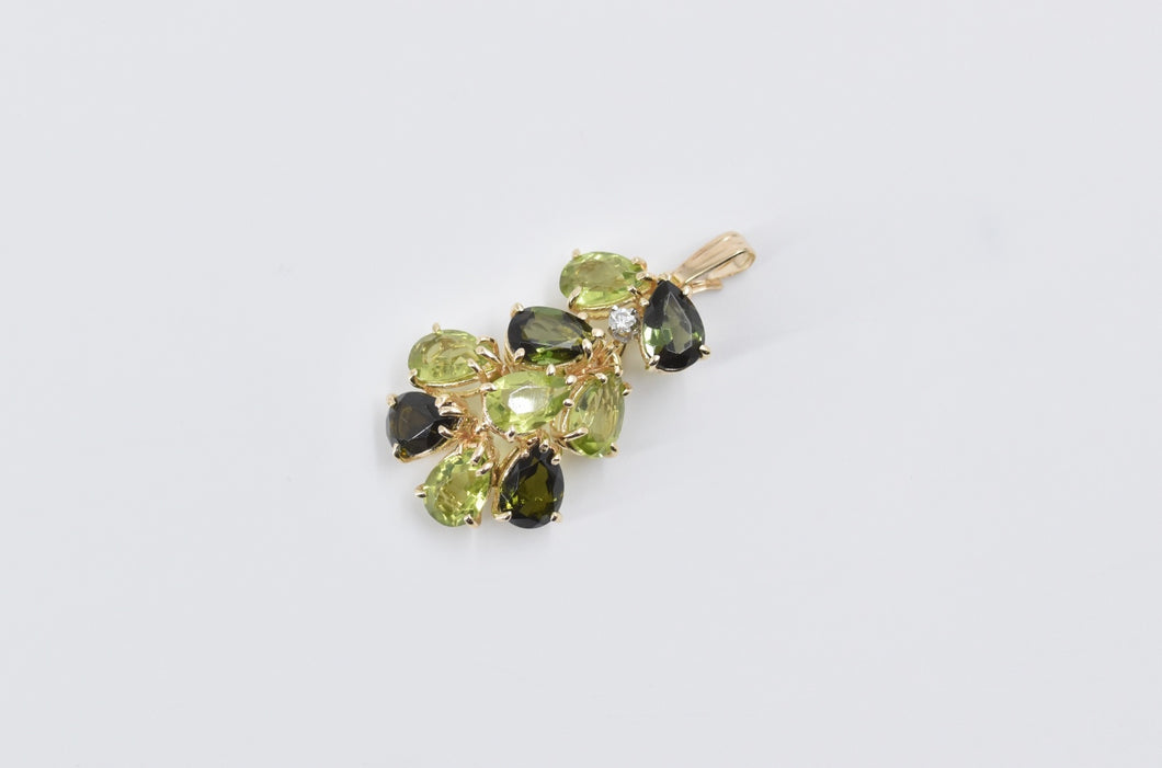 14K Green Tourmaline Peridot Diamond Cluster Pendant Yellow Gold