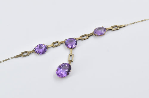 14K Vintage Amethyst Ornate Bar Paperclip Chain Necklace 14.5