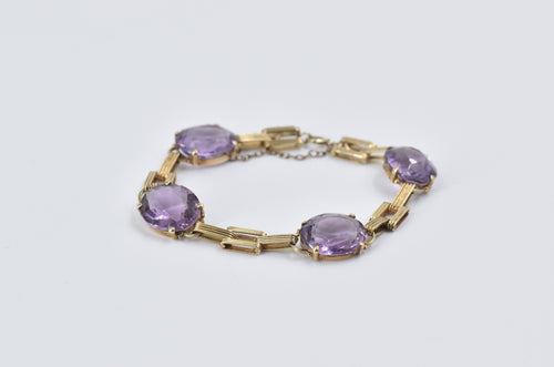 14K Vintage Amethyst Ornate Bar Chain Statement Bracelet 6.25