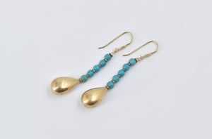 14K Turquoise Beaded Puffy Tear Drop Dangle Earrings Yellow Gold