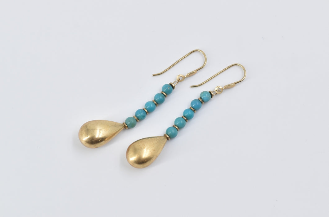 14K Turquoise Beaded Puffy Tear Drop Dangle Earrings Yellow Gold