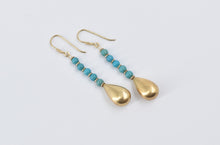 Load image into Gallery viewer, 14K Turquoise Beaded Puffy Tear Drop Dangle Earrings Yellow Gold