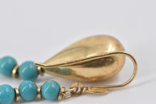 Load image into Gallery viewer, 14K Turquoise Beaded Puffy Tear Drop Dangle Earrings Yellow Gold