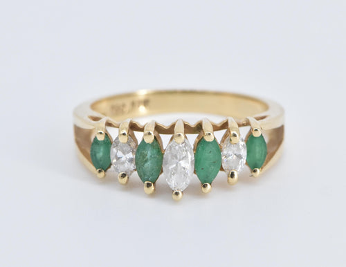 14K Marquise Natural Diamond Emerald Statement Ring Yellow Gold