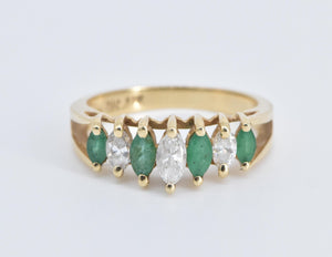 14K Marquise Natural Diamond Emerald Statement Ring Yellow Gold