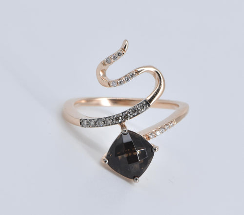 14K LeVian Faceted Smoky Quartz Serpent Snake Ring Rose Gold