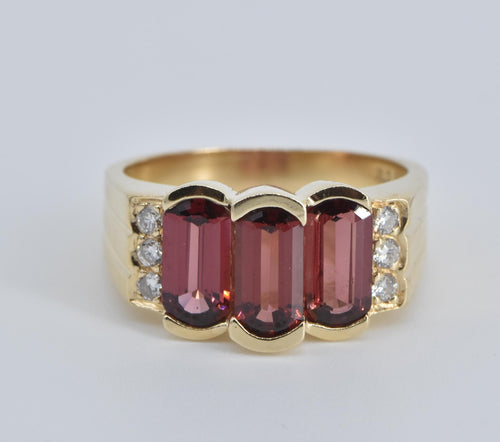 14K Three Stone Garnet Natural Diamond Statement Ring Yellow Gold