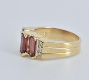 14K Three Stone Garnet Natural Diamond Statement Ring Yellow Gold
