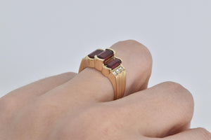 14K Three Stone Garnet Natural Diamond Statement Ring Yellow Gold
