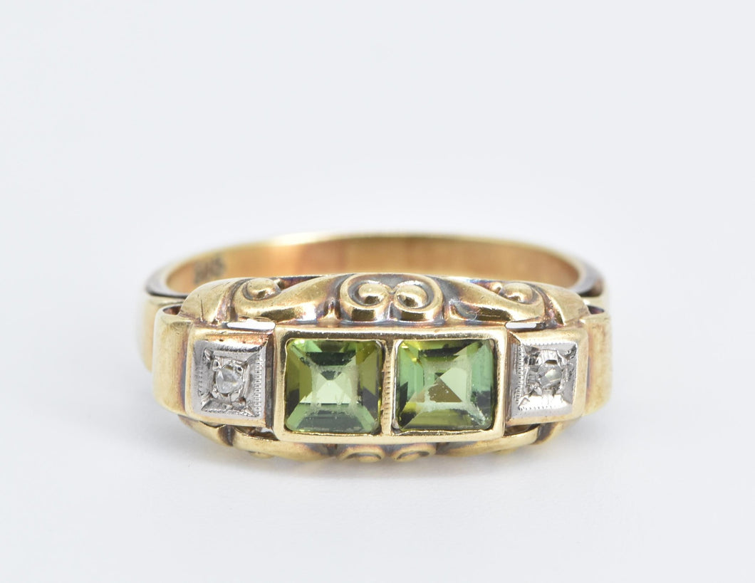 14K Art Deco Peridot Diamond Ornate Wedding Band Ring Yellow Gold