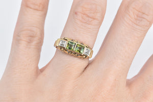 14K Art Deco Peridot Diamond Ornate Wedding Band Ring Yellow Gold