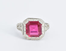 Load image into Gallery viewer, 14K Art Deco Square Syn. Ruby Filigree Ornate Ring White Gold