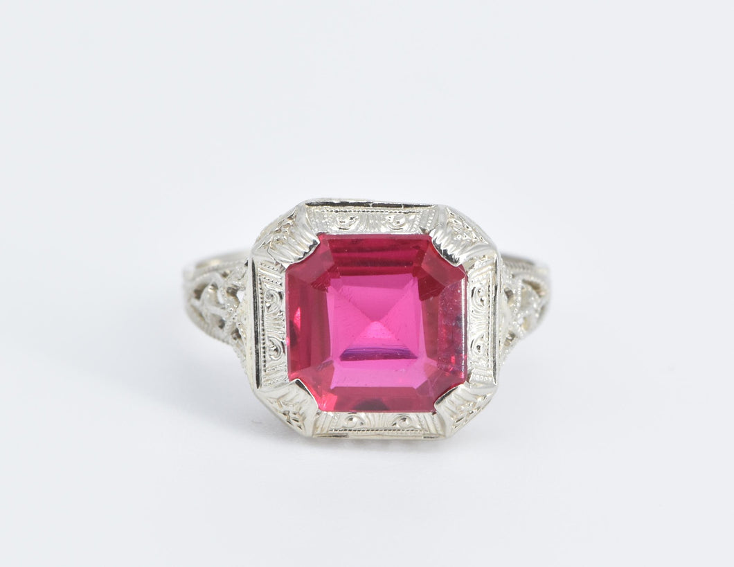 14K Art Deco Square Syn. Ruby Filigree Ornate Ring White Gold