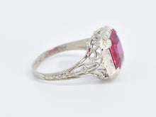 Load image into Gallery viewer, 14K Art Deco Square Syn. Ruby Filigree Ornate Ring White Gold