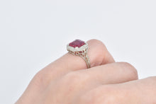 Load image into Gallery viewer, 14K Art Deco Square Syn. Ruby Filigree Ornate Ring White Gold