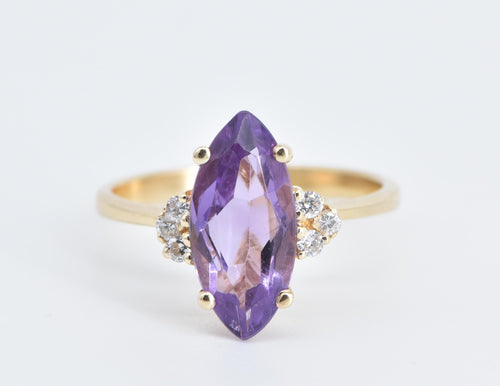 14K Marquise Amethyst Natural Diamond Cluster Ring Yellow Gold