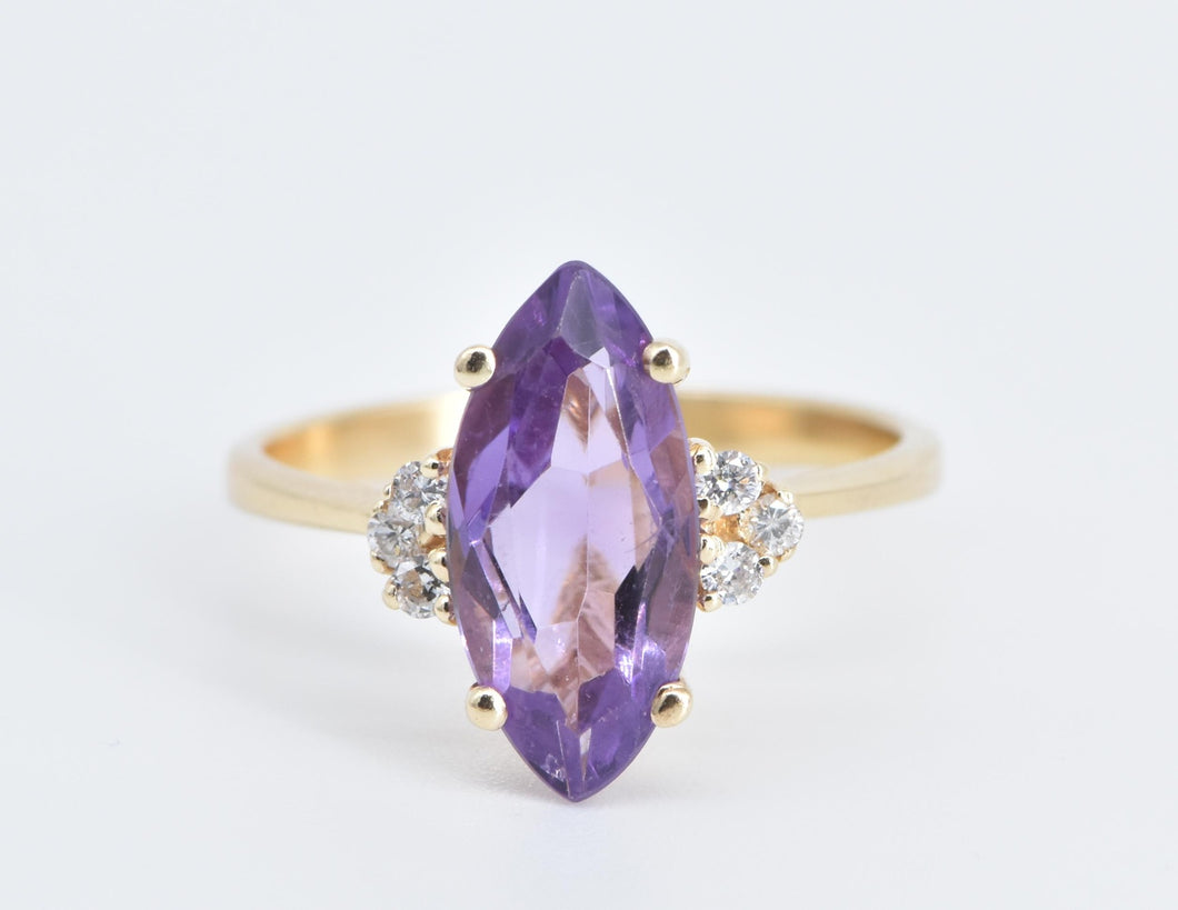 14K Marquise Amethyst Natural Diamond Cluster Ring Yellow Gold