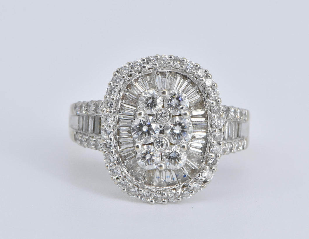 18K 2.00 Ctw Oval Natural Diamond Cluster Baguette Ring White Gold