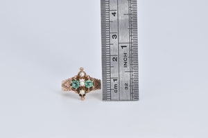 10K Victorian Natural Emerald Seed Pearl Ornate Ring Rose Gold