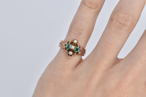 10K Victorian Natural Emerald Seed Pearl Ornate Ring Rose Gold