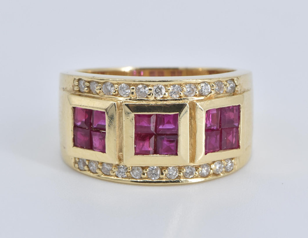 14K 2.65 Ctw Natural Ruby Diamond Squared Band Ring Yellow Gold