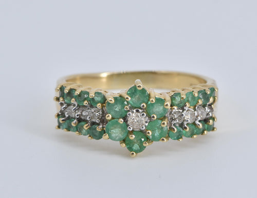 14K 1.10 Ctw Emerald Flower Natural Diamond Ring Yellow Gold