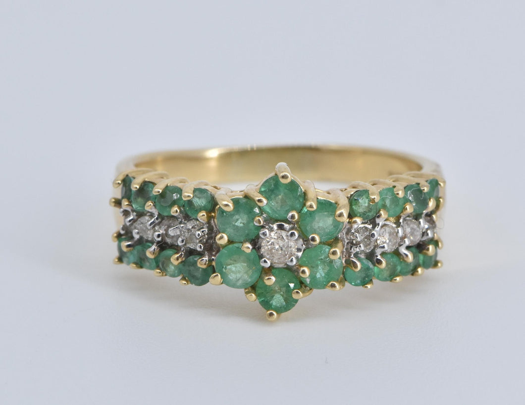14K 1.10 Ctw Emerald Flower Natural Diamond Ring Yellow Gold