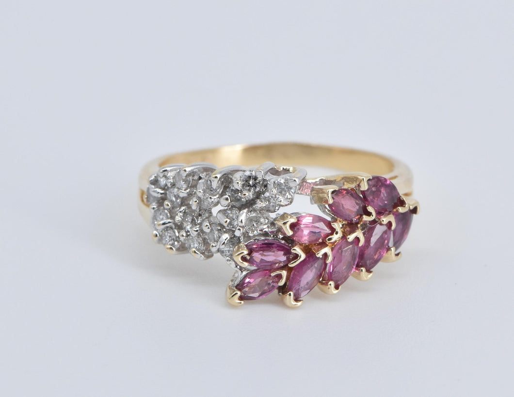 14K Marquise Ruby Natural Diamond Wavy Ring Yellow Gold