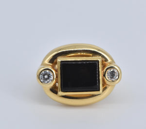 18K Square Black Onyx 0.30 Ctw Natural Diamond Ring Yellow Gold