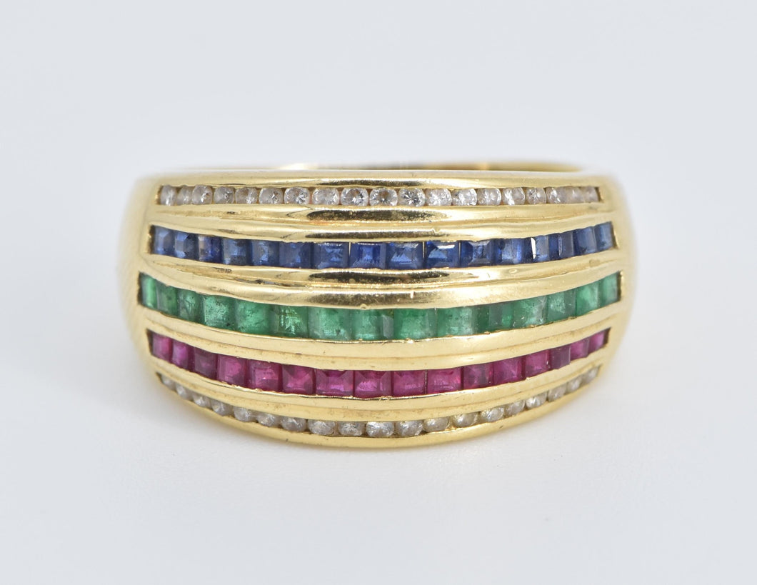 14K 0.95Ctw Natural Diamond Emerald Ruby Sapphire Ring Yellow Gold