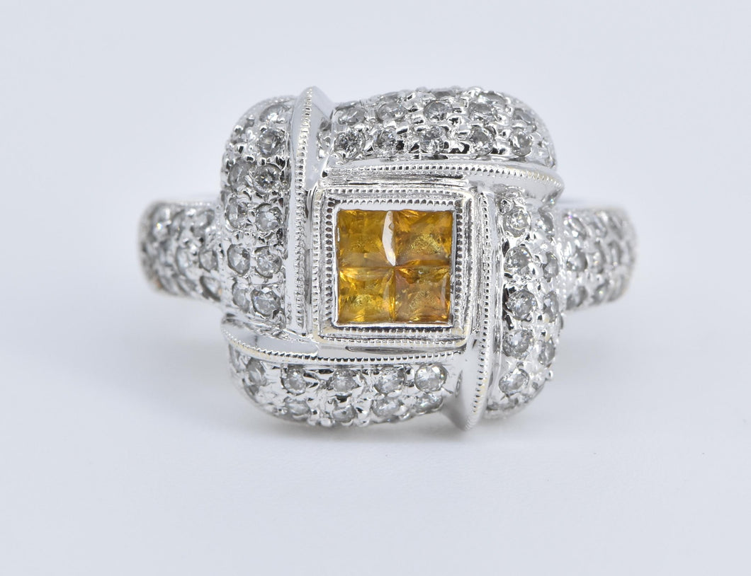 18K 1.50 Ctw Yellow Sapphire Diamond Squared Ring White Gold