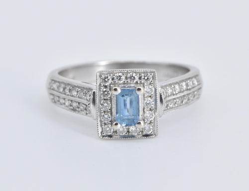 14K Emerald Cut Blue Topaz Natural Diamond Halo Ring White Gold