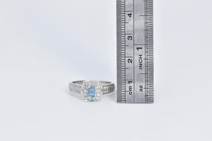 14K Emerald Cut Blue Topaz Natural Diamond Halo Ring White Gold