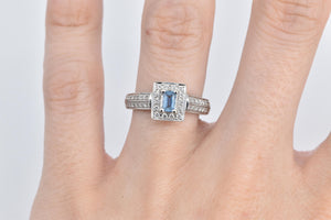 14K Emerald Cut Blue Topaz Natural Diamond Halo Ring White Gold