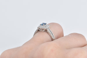 14K Emerald Cut Blue Topaz Natural Diamond Halo Ring White Gold
