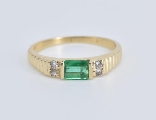 14K Natural Emerald Diamond Grooved Stacking Band Ring Yellow Gold