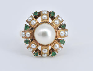 18K Victorian Pearl Emerald Flower Cocktail Ring Yellow Gold