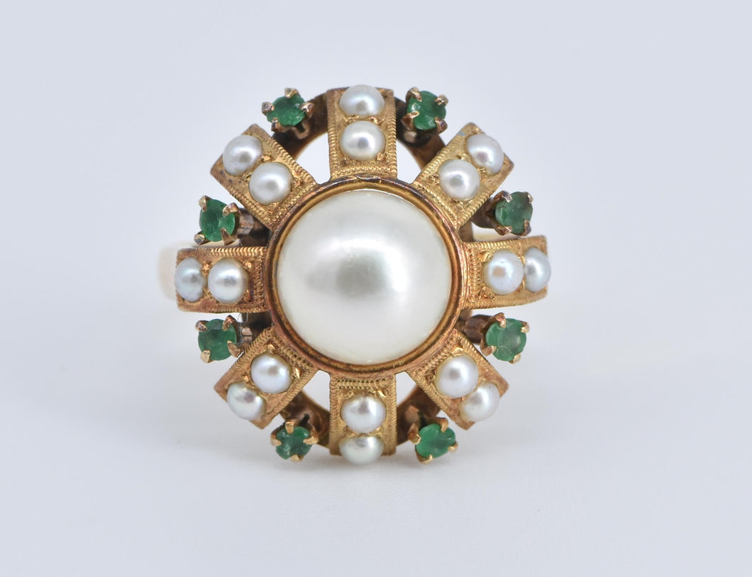 18K Victorian Pearl Emerald Flower Cocktail Ring Yellow Gold