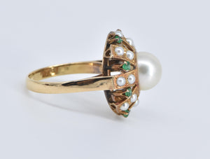18K Victorian Pearl Emerald Flower Cocktail Ring Yellow Gold