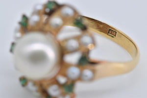 18K Victorian Pearl Emerald Flower Cocktail Ring Yellow Gold