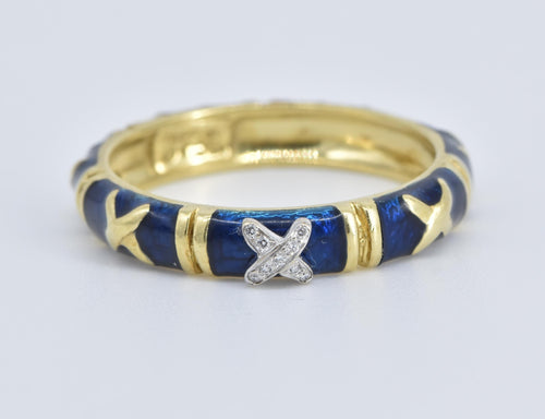 18K Diamond X Criss Cross Enamel Statement Band Ring Yellow Gold